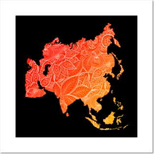 Colorful mandala art map of Asia with text in red and orange Posters and Art